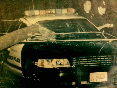 July 2001 – Ofc. Matthew Carl narrowly escapes injury after a vehicle crashed into a utility pole causing it to strike Carl’s patrol vehicle 